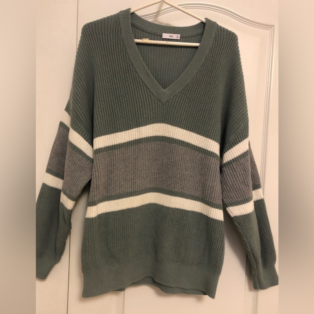 Aritzia V-Neck Sweater in Sage Green with Gray and White Stripes